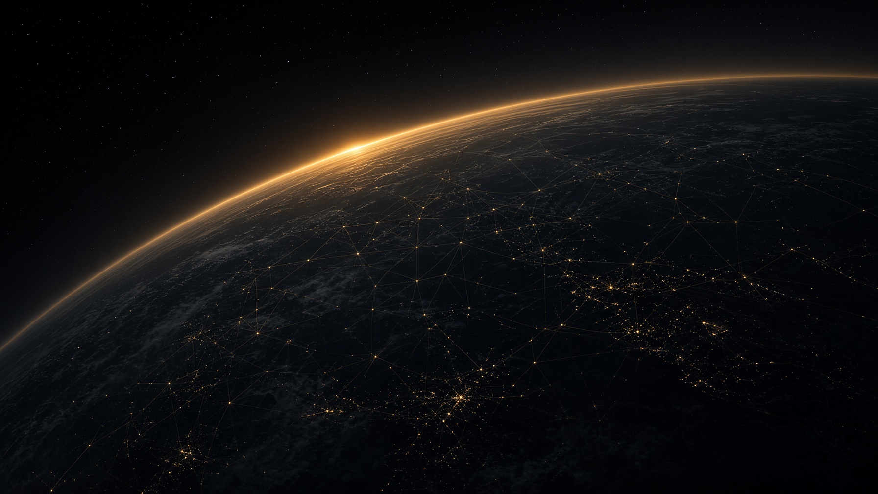 Earth at the terminator, with a thin field of light across the dark hemisphere